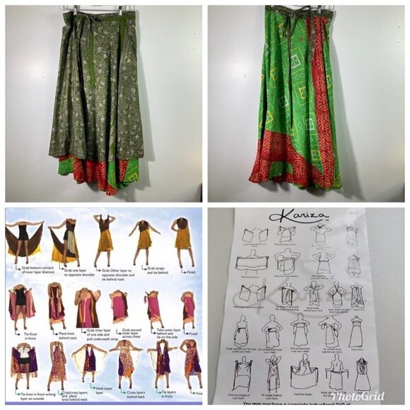 Womens Kariza Vintage Silk Magic Sari Wrap Skirt Dress Green Red Pattern One Siz - Picture 6 of 10
